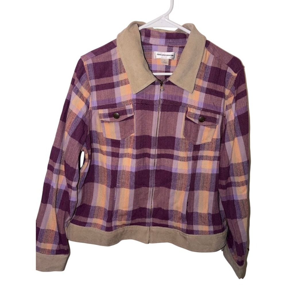 Christopher & Banks Womens XL Purple Orange Plaid Zip Front Jacket Cotton Blend